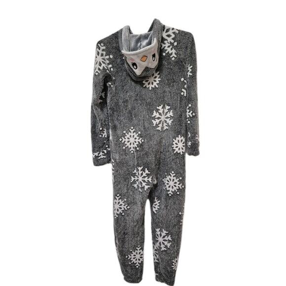 Justice Gray White Snowflake Penguin Hooded Fleece Jammies Girls Size 8 - Picture 3 of 6